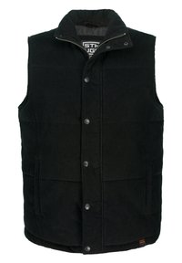 Schwarze Cordweste mit Kragen, vorderen Druckknöpfen und Seitentaschen; strukturiertem Stoff mit horizontalen Rippdetails.