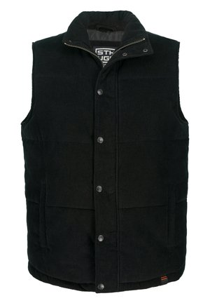 Gilet in velluto a coste nero con colletto, bottoni a pressione sulla parte anteriore e tasche laterali; tessuto testurizzato con dettagli a coste orizzontali.