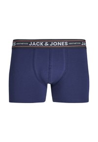 Navyblauwe katoenen boxershorts met een zwarte tailleband met daarop "JACK & JONES AESTHETICS" in witte en oranje letters. Soepele textuur.