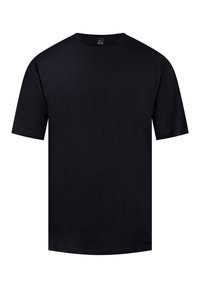 T-shirt nera con collo a giro e maniche corte, realizzata in tessuto morbido. Presenta un'etichetta all'altezza del collo. Vestibilità standard senza decorazioni.