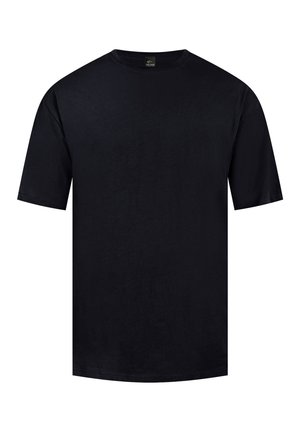 Zwarte ronde hals t-shirt met korte mouwen, gemaakt van een gladde stof. Bevat een label bij de halslijn. Standaard pasvorm zonder versieringen.