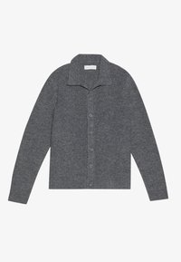 Graue Strickjacke mit Kragen, langen Ärmeln und durchgehendem Knopfverschluss. Hergestellt aus strukturiertem Strickstoff, mit sechs Knöpfen entlang des Verschlusses.