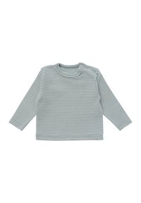 Langärmliges Hemd aus weichem Stoff, in hellblau-grauer Farbe mit weißen horizontalen Streifen und zwei Druckknöpfen an der Schulter.