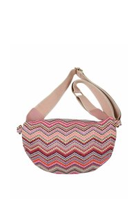 Lila, rosa und cremefarbener gewobener Stoff Bauchtasche mit einem Zickzackmuster; beinhaltet einen abnehmbaren beigen Gurt und goldene Hardware-Akzente.