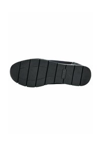 Semelle de chaussure noire avec une texture antidérapante, présentant des rainures horizontales et verticales, et une légère courbure à l'extrémité pour une meilleure flexibilité.