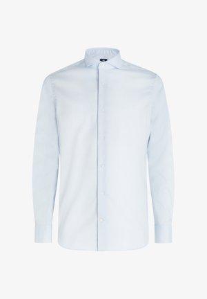 Light blue button-up shirt with long sleeves, single cuffs, a classic collar, and a smooth, plain texture. Features five front buttons.