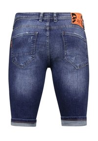 Donkerblauwe denim shorts met een slim fit. Heeft vijf zakken, duidelijke stiksels en een opgerolde zoom aan de onderkant. Label op de achterkant bevestigd.