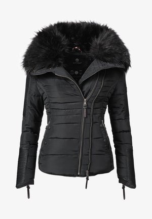 Chaqueta de mujer negra acolchada con cremallera doble asimétrica, amplio collar de piel sintética, bolsillos laterales con cremallera y detalles acanalados en las mangas.