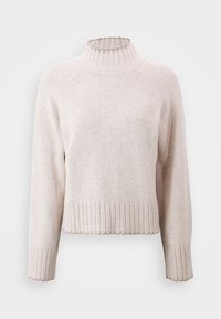 Pull beige clair avec un col montant côtelé, des poignets et un ourlet côtelés. Confectionné dans un tissu doux, il présente une coupe légèrement ample et une finition texturée.