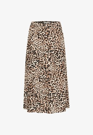 Spódnica midi w panterkę z zwiewnym krojem, w ziemistych odcieniach brązu i czerni, z przodem na guziki i miękkim, teksturowanym materiałem.