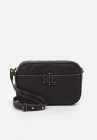 Svart läder crossbody-väska med guldfärgade detaljer, vit sömnad och präglad "RL"-logo på framsidan. Rektangulär form, justerbar rem.