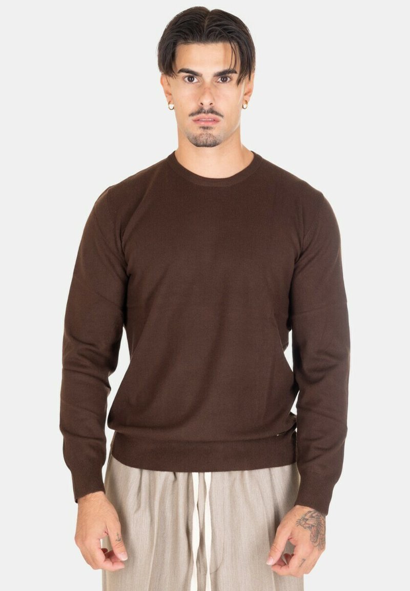 Maglione lavorato a maglia marrone con collo rotondo, maniche lunghe e polsini a costine. Texture liscia e design aderente. Nessun motivo o accentuazione visibile.