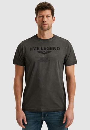Dark grey cotton t-shirt featuring short sleeves, crew neck, and printed text "PME LEGEND" with decorative wing accents on the front.