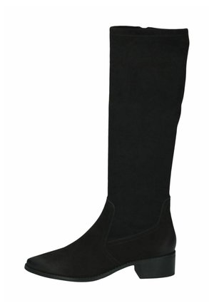 Botte noire femme montant jusqu'au genou avec talon bloc bas et bout pointu, texture lisse et détails de couture subtils.