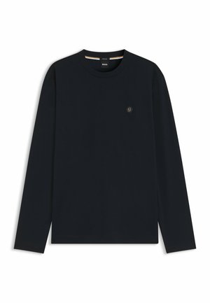 Schwarzes Langarmshirt mit Rundhalsausschnitt, kleinem rundem Logo auf der linken Brust, schlichtem Design und glatter Stofftextur.