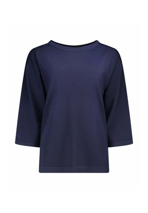 Marineblauwe, fijngebreide trui met lange mouwen, boothals en een losse pasvorm.