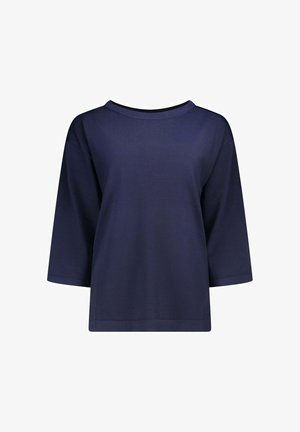 Marineblauwe, fijngebreide trui met lange mouwen, boothals en een losse pasvorm.
