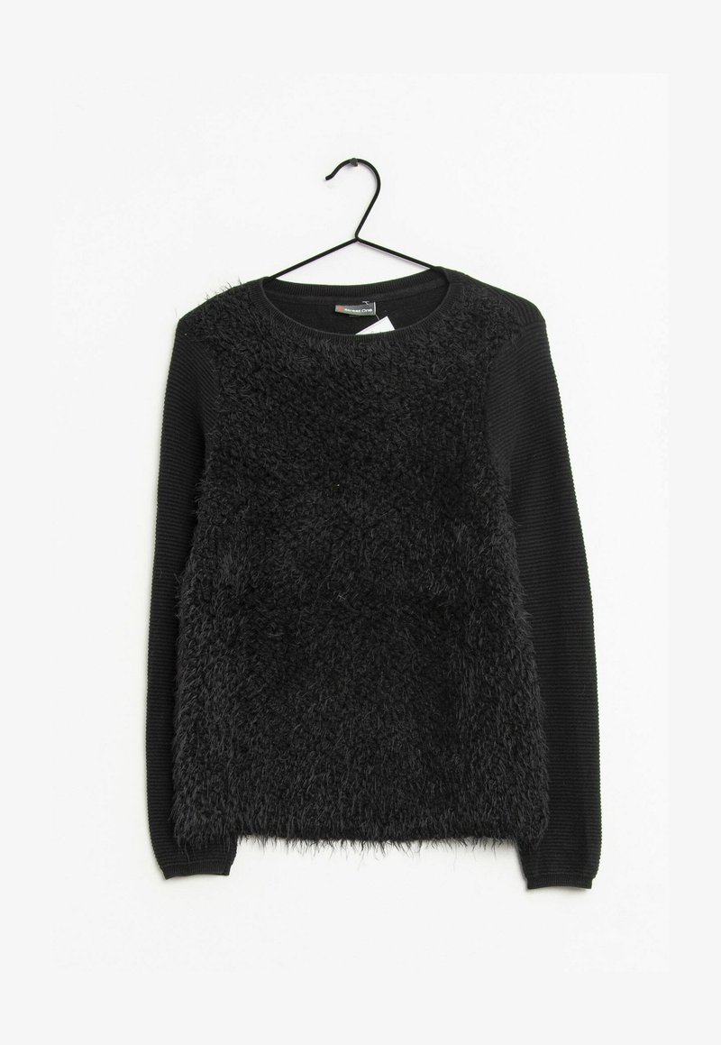 Pull noir à manches longues avec un devant à texture duveteuse et des manches côtelées, suspendu sur un cintre noir sur fond blanc.