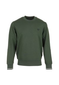 Felpa verde realizzata in tessuto misto cotone. Presenta una scollatura rotonda, polsini a coste con strisce nere e bianche e un piccolo logo sul petto.