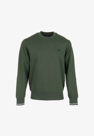 Felpa verde realizzata in tessuto misto cotone. Presenta una scollatura rotonda, polsini a coste con strisce nere e bianche e un piccolo logo sul petto.