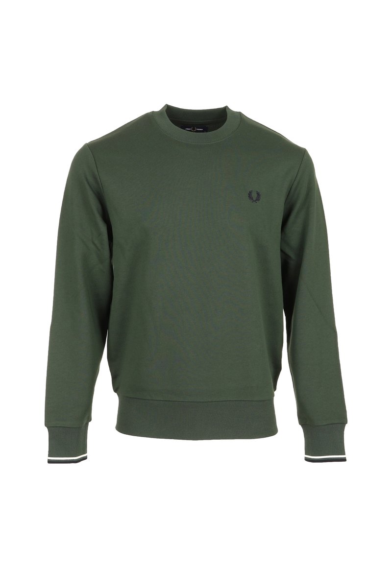 Felpa verde realizzata in tessuto misto cotone. Presenta una scollatura rotonda, polsini a coste con strisce nere e bianche e un piccolo logo sul petto.