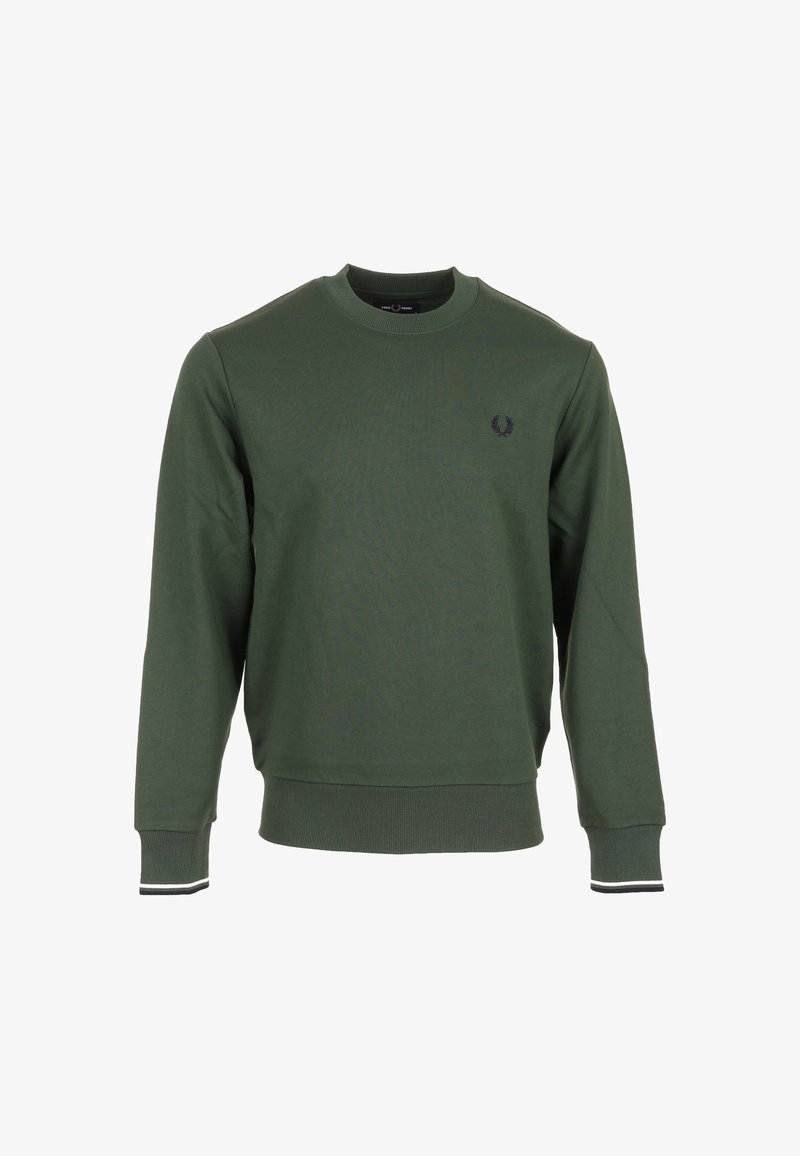 Felpa verde realizzata in tessuto misto cotone. Presenta una scollatura rotonda, polsini a coste con strisce nere e bianche e un piccolo logo sul petto.