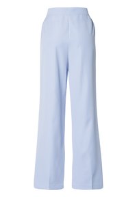 Lichtblauwe wijde broek met een gladde textuur, hoge taille en strakke lijnen. Heeft een eenvoudig, op maat gemaakt ontwerp zonder zakken.