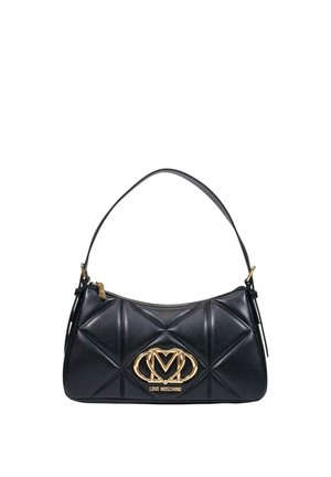 Sort læder Love Moschino skuldertaske med quiltet diamantmønster og guldt logo-emblem foran, lynlåslukning og enkelt strop.