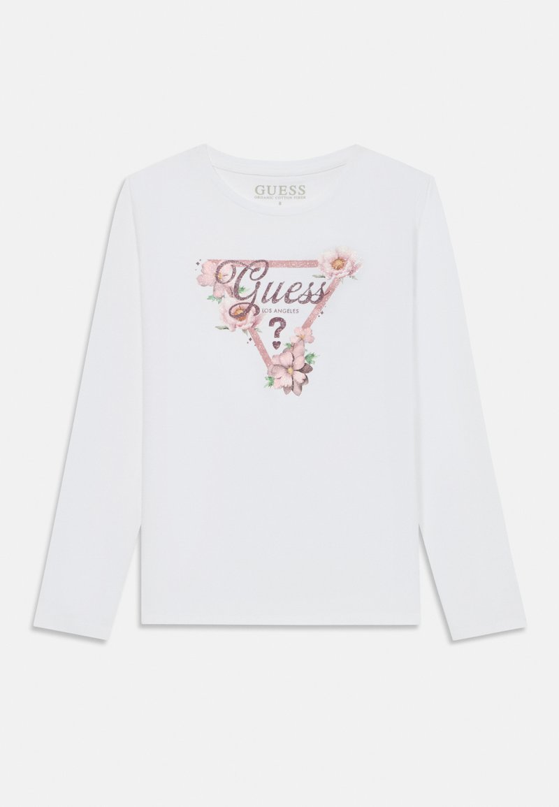 Balta ilgomis rankovėmis marškiniai su rožiniais gėlių trikampio raštais ir „Guess Los Angeles?“ logotipu centruotai ant priekio.