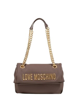 Braune Love Moschino-Handtasche mit goldenem Kettenriemen und großem glitzerndem Markennamen aus Gold auf der Vorderklappe.