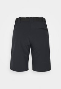 Mörkblå shorts av slät tyg, med ett svart bälte, en bakficka med dragkedja och rak skärning utan utsmyckningar.