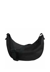 Borsa a spalla nera in nylon con forma curvata, dotata di chiusura con zip e tracolla regolabile. Texture liscia e design minimalista.