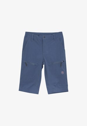 Blå cargo shorts lavet af holdbart stof med flere lynlåslommer, bæltested og kontrasterende stikninger.