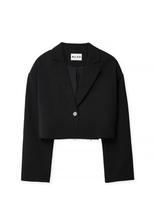 Zwarte cropped blazer met lange mouwen, sluiting met één knoop, revers met inkeping en rafelige zoomdetails, met NA-KD-label aan de binnenkant van de kraag.