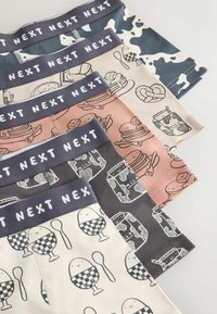 Cinq paires de boxers pour garçons avec des motifs alimentaires et laitiers et des ceintures grises avec l'étiquette "NEXT".