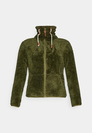 Green faux fur zip-up jacket with high collar, adjustable drawstrings, and two front pockets. Soft texture and fitted design.