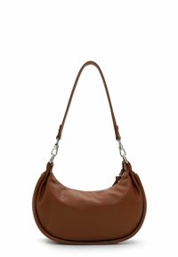 Brown leather shoulder bag with a curved shape, textured surface, and a short strap featuring silver hardware and accents.