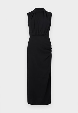 Black sleeveless dress with a high collar, gathered waist, and side ruching; made from a smooth fabric with a floor-length design.