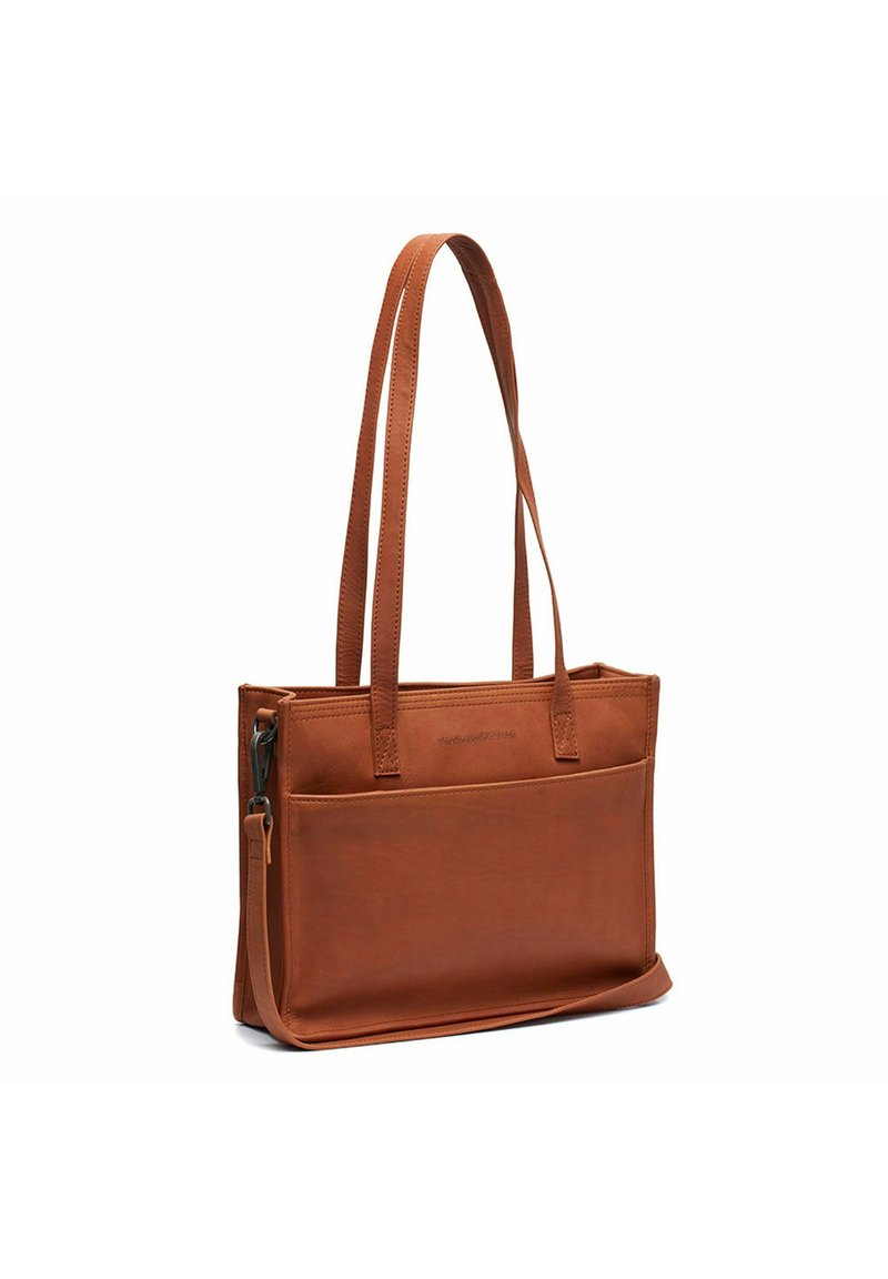 Borsa tote in pelle marrone con due manici lunghi, una tasca frontale e una texture liscia. Forma rettangolare con design minimalista.