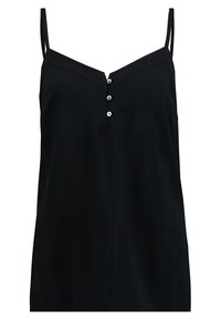 Svart ärmlös topp med tunna dubbla axelremmar, V-ringning och tre små knappar i mitten fram.