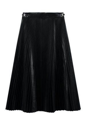 Juoda pločio plisuota midi sijonas su plačiu juosmeniu ir dviem mažomis sidabrinėmis sagtelėmis kiekvienoje pusėje.