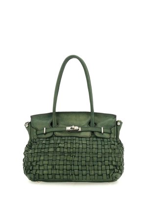 Borsa a mano in pelle verde scuro con fronte intrecciato, due manici e chiusura a scatto argentata sulla patta superiore.