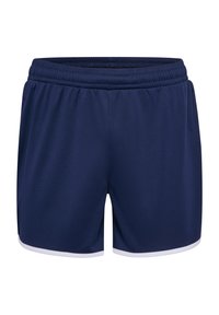 Marina atletiska shorts med elastisk midja och vit kant vid fållen, tillverkade av ett mjukt, slätt tyg som är lämpligt för aktiv klädsel.