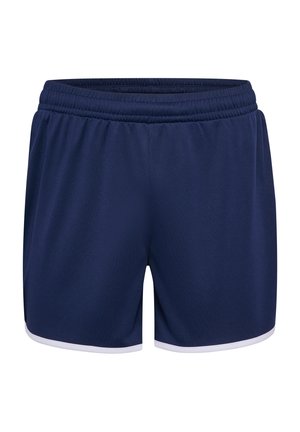 Marineblauwe sportshorts met een elastische tailleband en witte bies aan de zoom, gemaakt van een zachte, gladde stof die geschikt is voor actieve kleding.