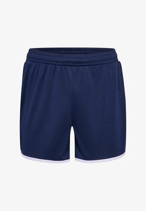 Marineblauwe sportshorts met een elastische tailleband en witte bies aan de zoom, gemaakt van een zachte, gladde stof die geschikt is voor actieve kleding.