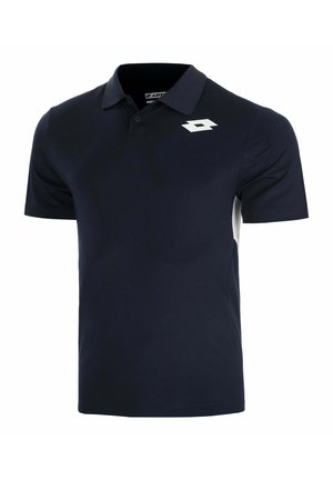 Navy blauwe polo met korte mouwen, tweeknopsplacket en een wit geometrisch logo op de linkerborst.