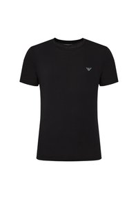 T-shirt nera a maniche corte in cotone morbido. Presenta una scollatura tonda e un piccolo logo grigio sul petto a sinistra. Vestibilità classica.