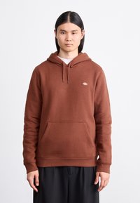 Brown hooded sweatshirt with a front pocket and drawstring. Material is soft and textured, featuring a small logo on the chest.