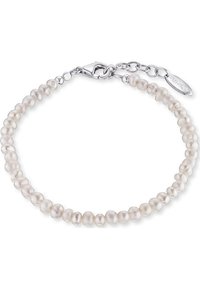 Bracciale di perle composto da piccole perle bianche rotonde e lucenti, infilate insieme con un fermaglio in argento e una catena di estensione per una vestibilità regolabile.