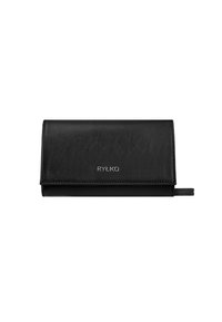 Billetera de cuero negro con una textura suave, que cuenta con un diseño plegable y el nombre de la marca "RYŁKO" en elegantes letras plateadas.